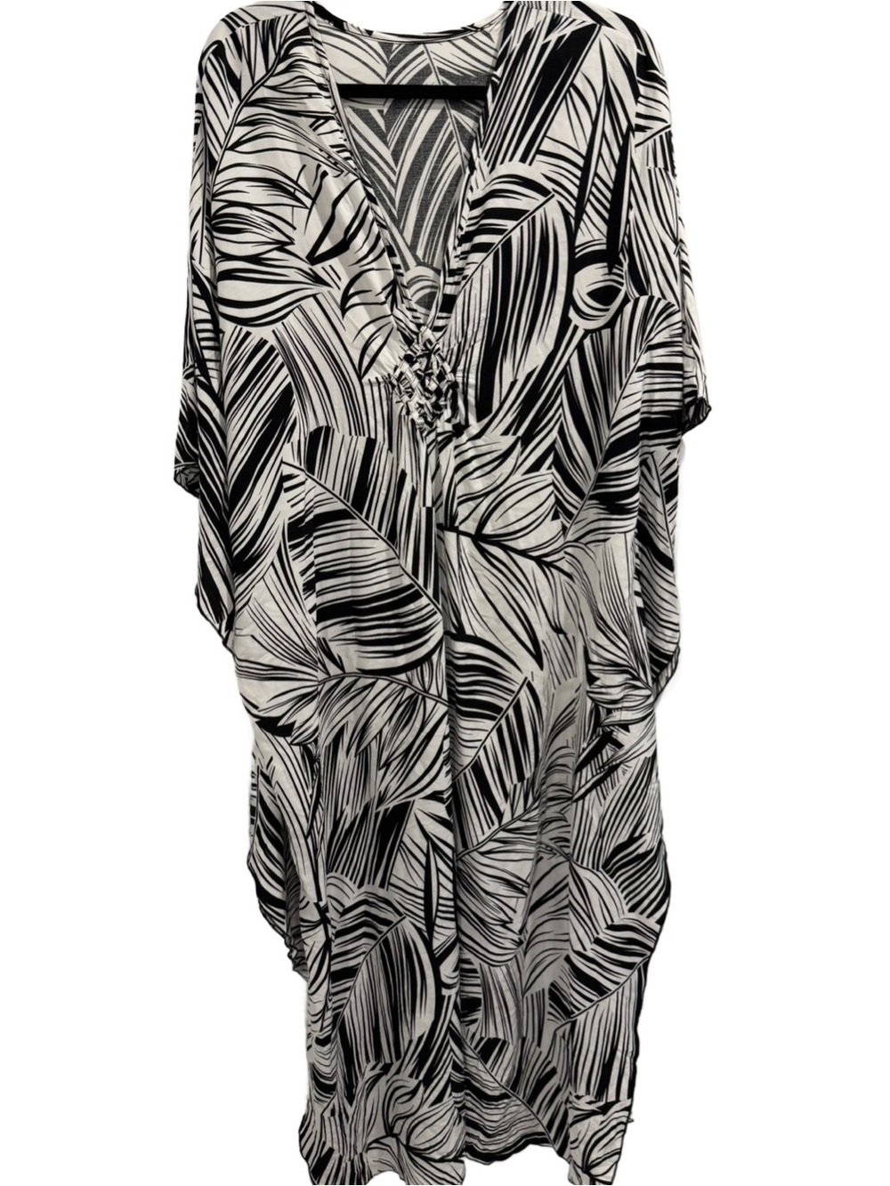 Black & White Viscose Palm Leaf-Print Women's Swim Cover-Up Kaftan One Size
